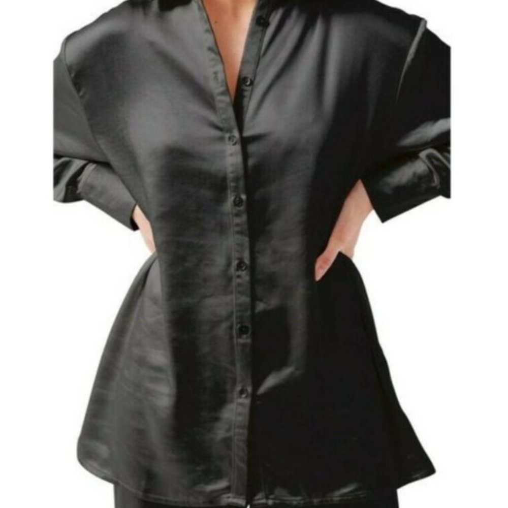 Nordstrom 4th & Reckless Longline Satin Button-Up Blouse
